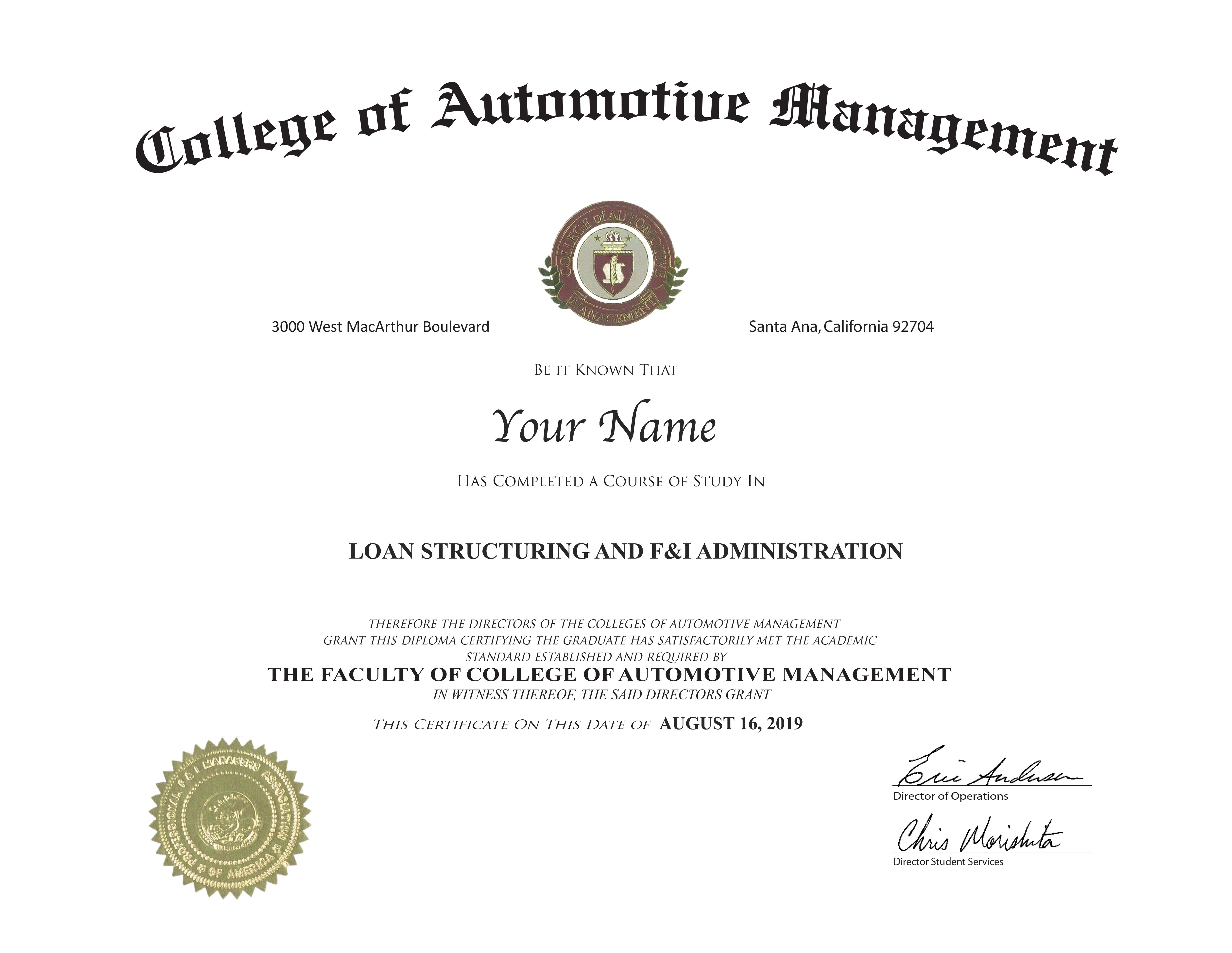 Loan Underwriting and F&I Administration - certificate