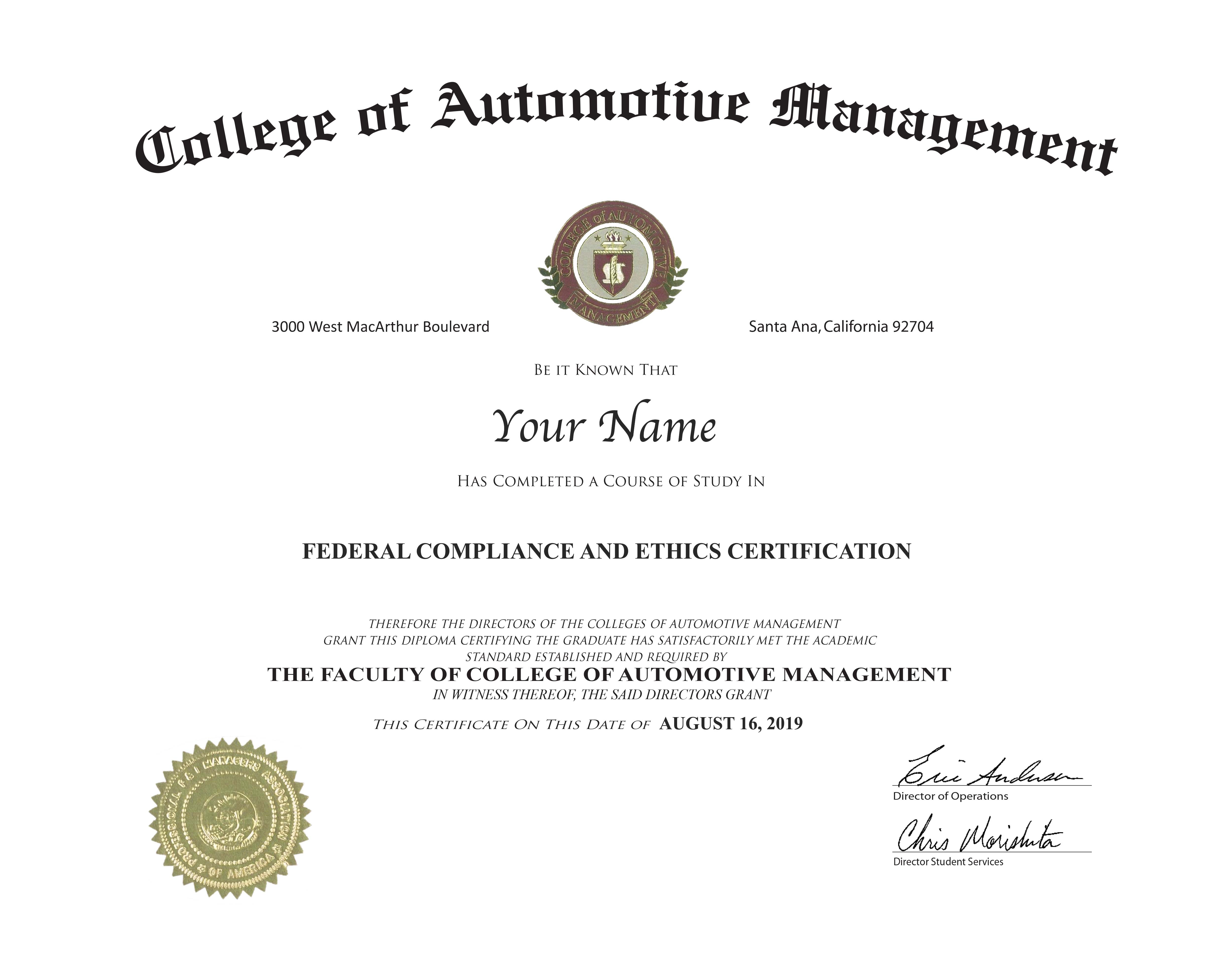Federal Compliance and Ethics Certification  (CA) - certificate