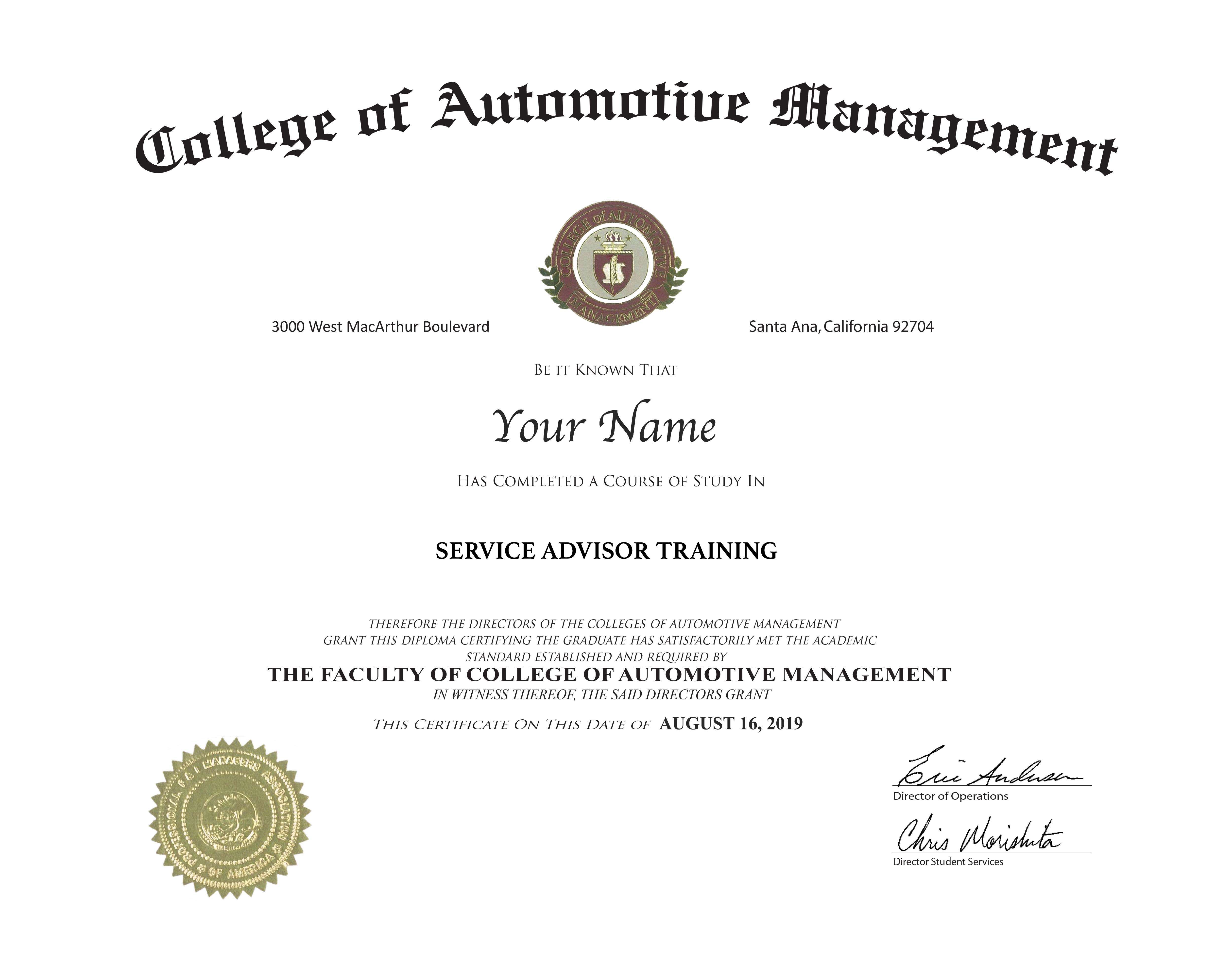 Service Advisor Sales and Process Training - certificate