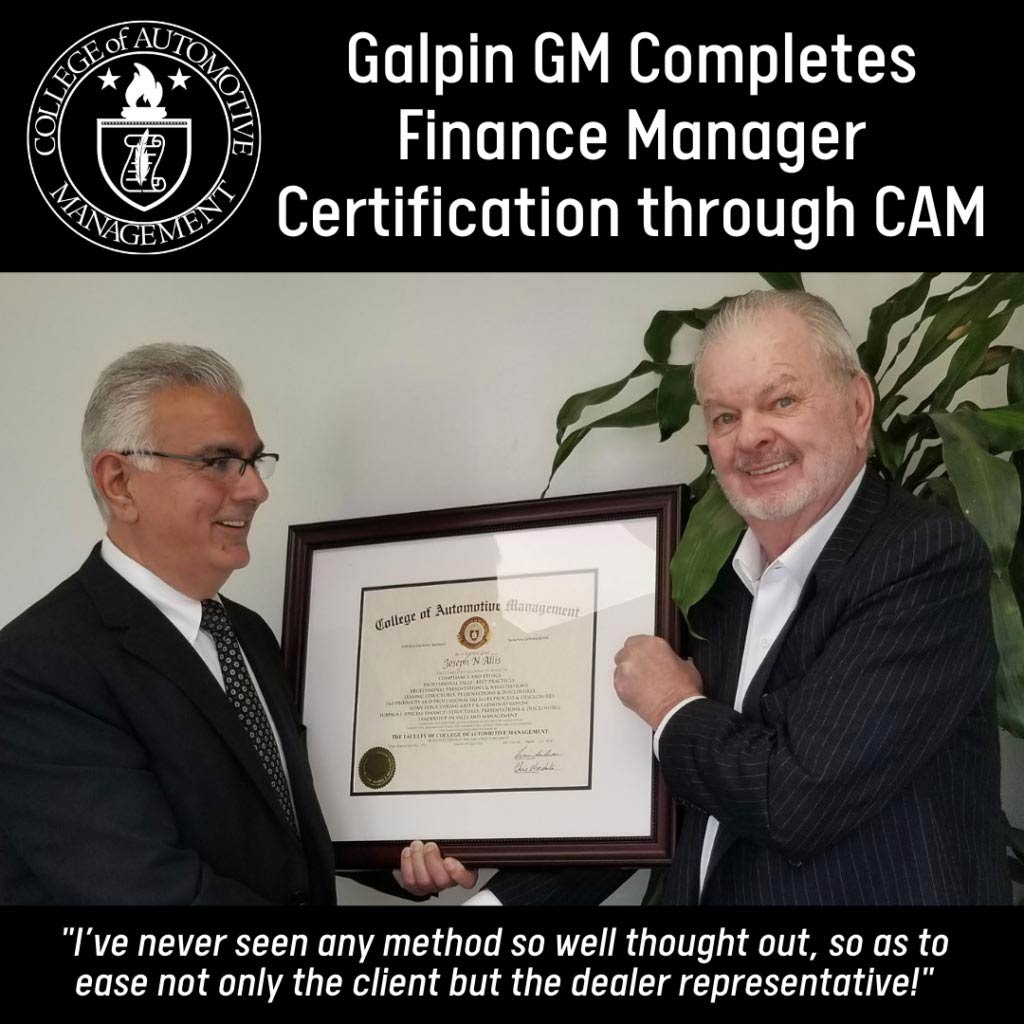 Galpin GM Completes Finance Manager Certification through the College of Automotive Management