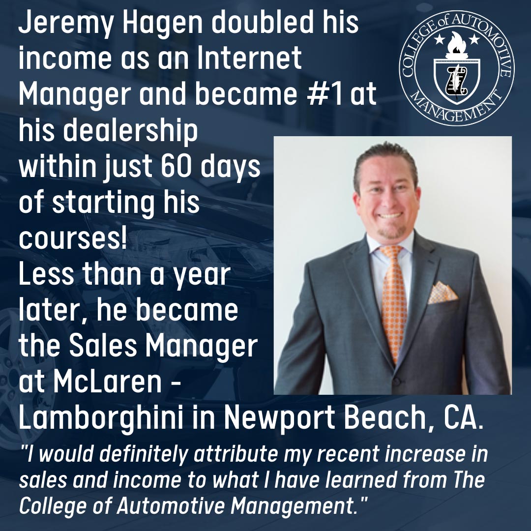 Image of Jeremy Hagen. He doubled his income within just 60 days and was hired as a sales manager for a Lamborghini dealership in Newport Beach, CA