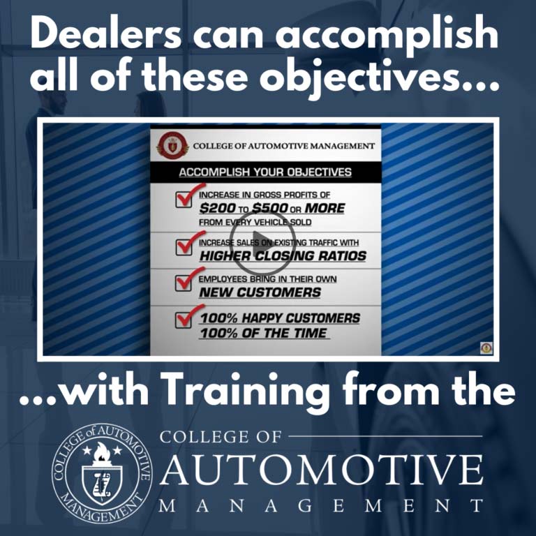 Image of video still showing that dealers can increase CSI scores and gross profits with training from the college of automotive management