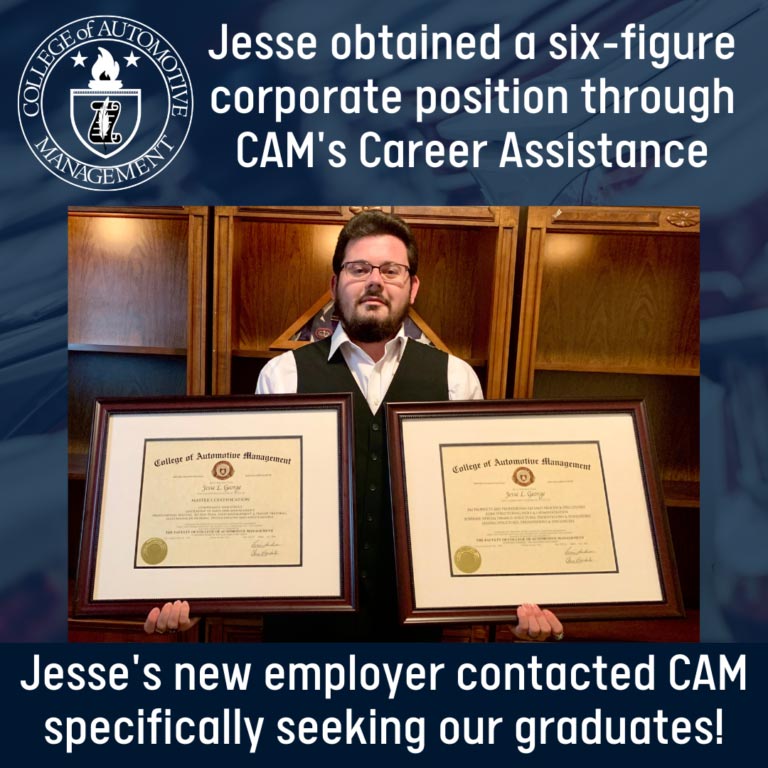 CAM Graduate Jesse George displays his two diplomas