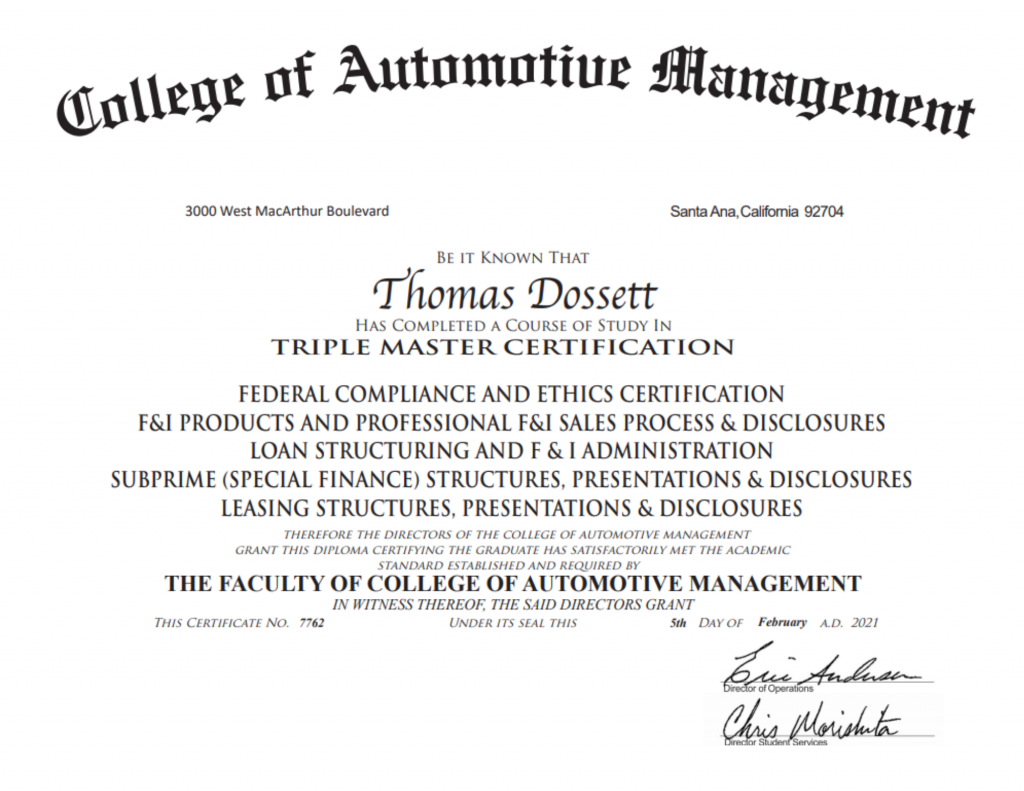 College of Automotive Management Graduate Enjoys Success With Finance Manager Training and a Triple Master Certification on His Diploma