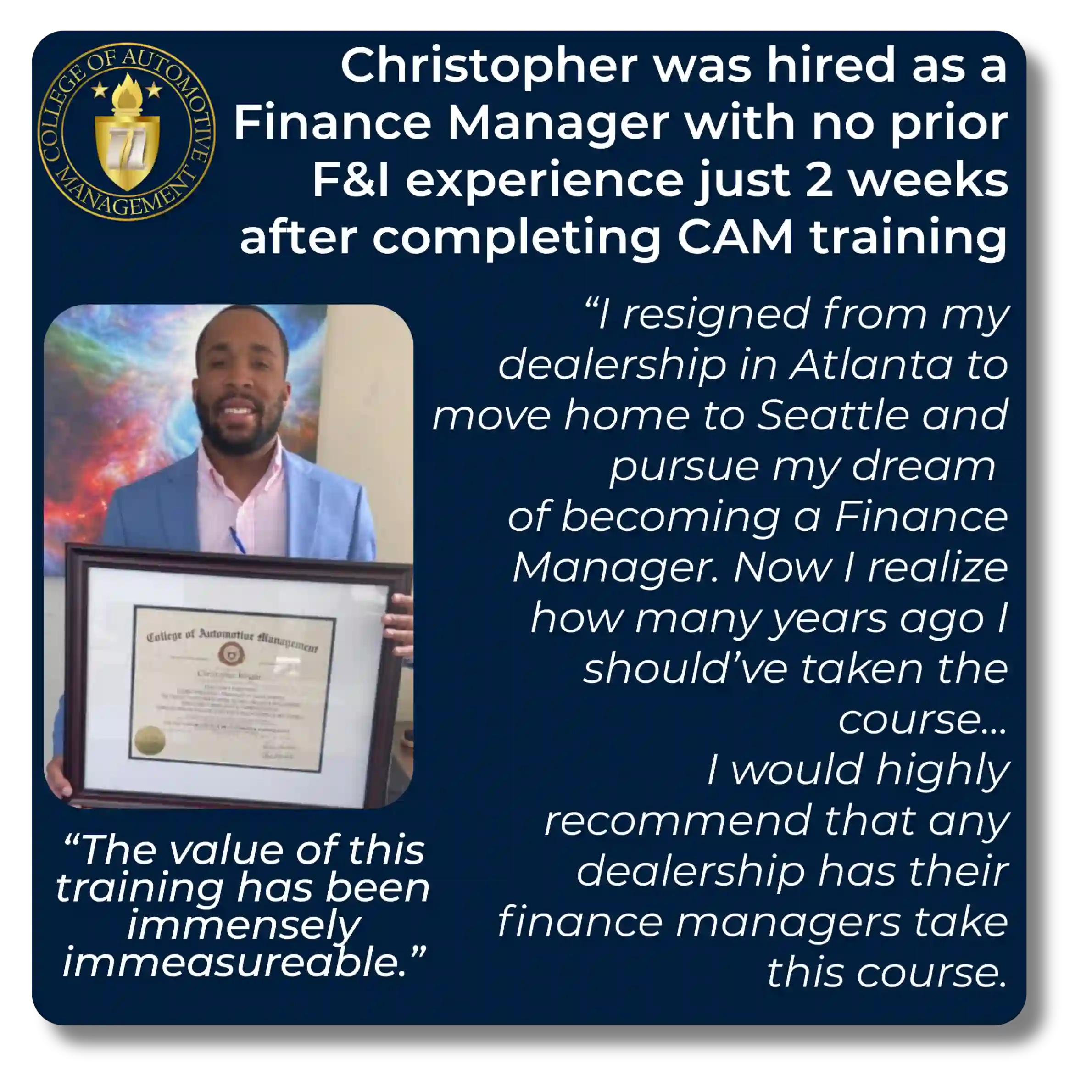 become a finance manager at the college of automotive management no experience