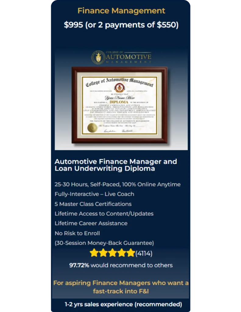 automotive finance manager training CAM