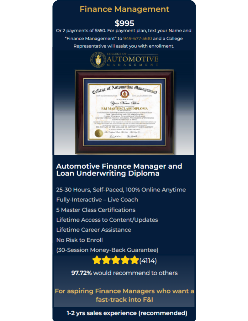 automotive finance manager training CAM