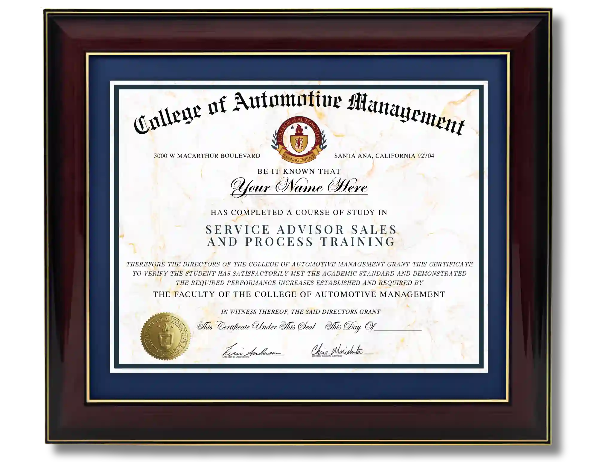 CAM Service Advisor Certificate of Completion