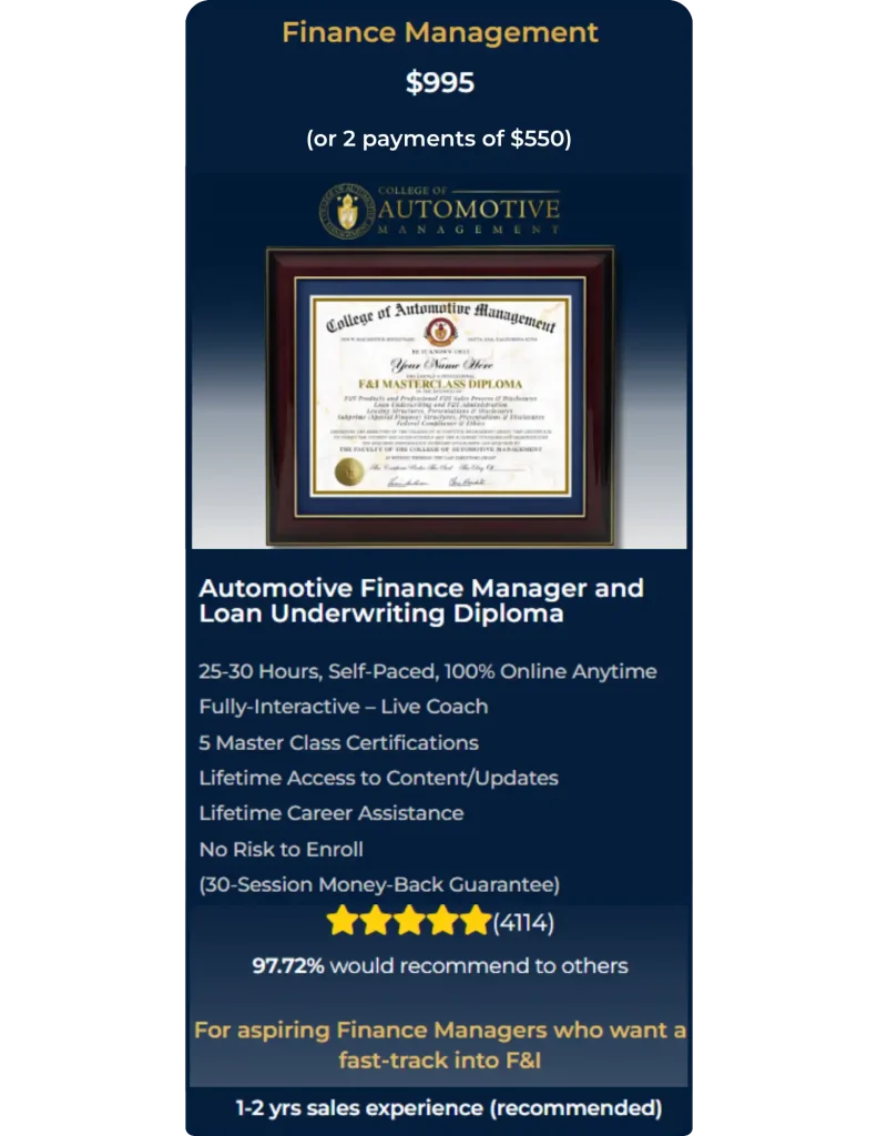 automotive finance manager training CAM